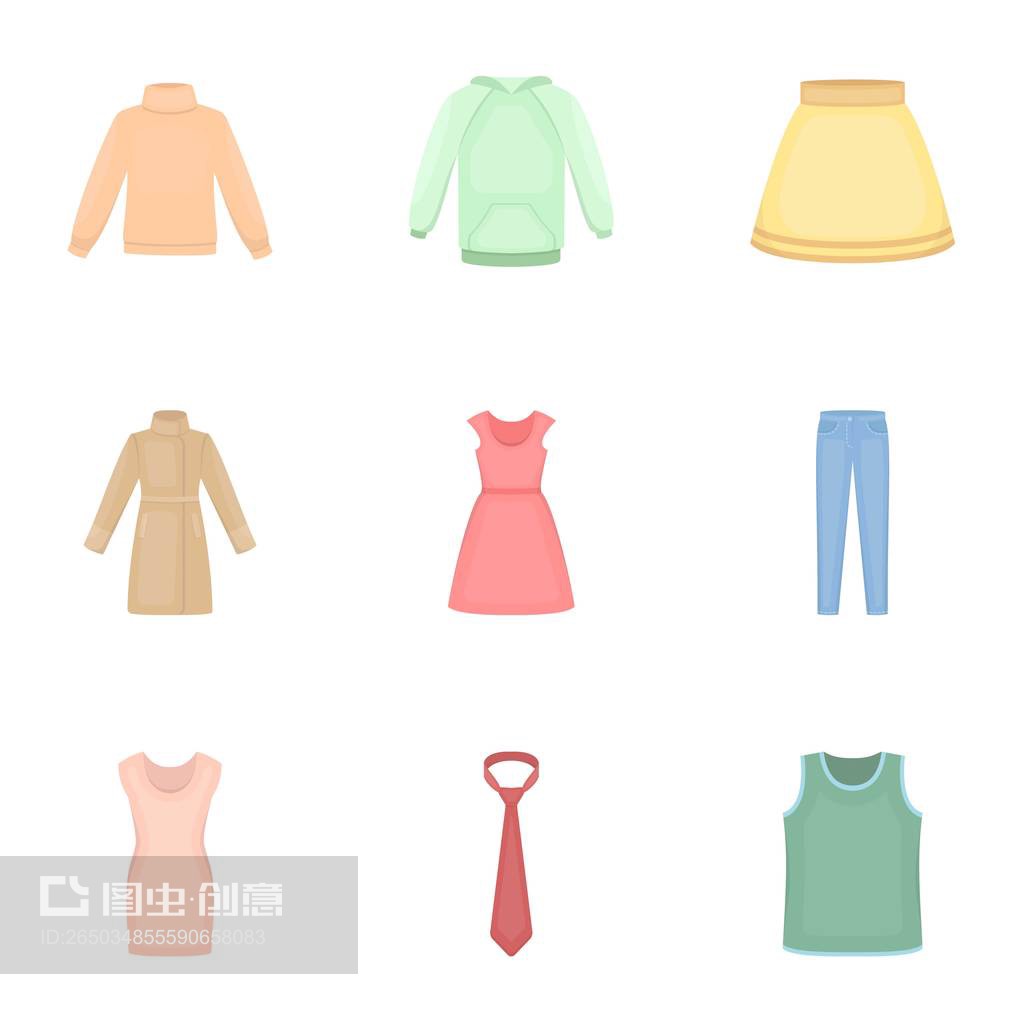 服裝以卡通風格設置圖標。服裝矢量符號股票插圖大集合Clothes set icons in cartoon style. Big collection of clothes vector symbol stock illustration