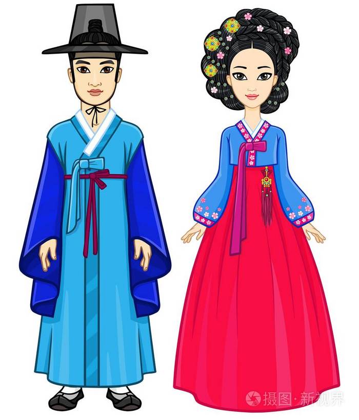 動畫肖像年輕的韓國家庭穿著古老的傳統服裝。 全面增長。 在白色背景上隔離的矢量插圖。