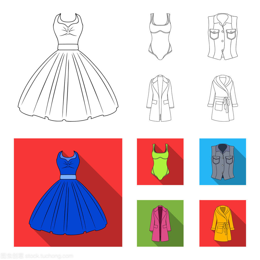 女裝輪廓, 平面圖標在集合中設計。服裝品種及配件矢量符號股票 web 插圖
